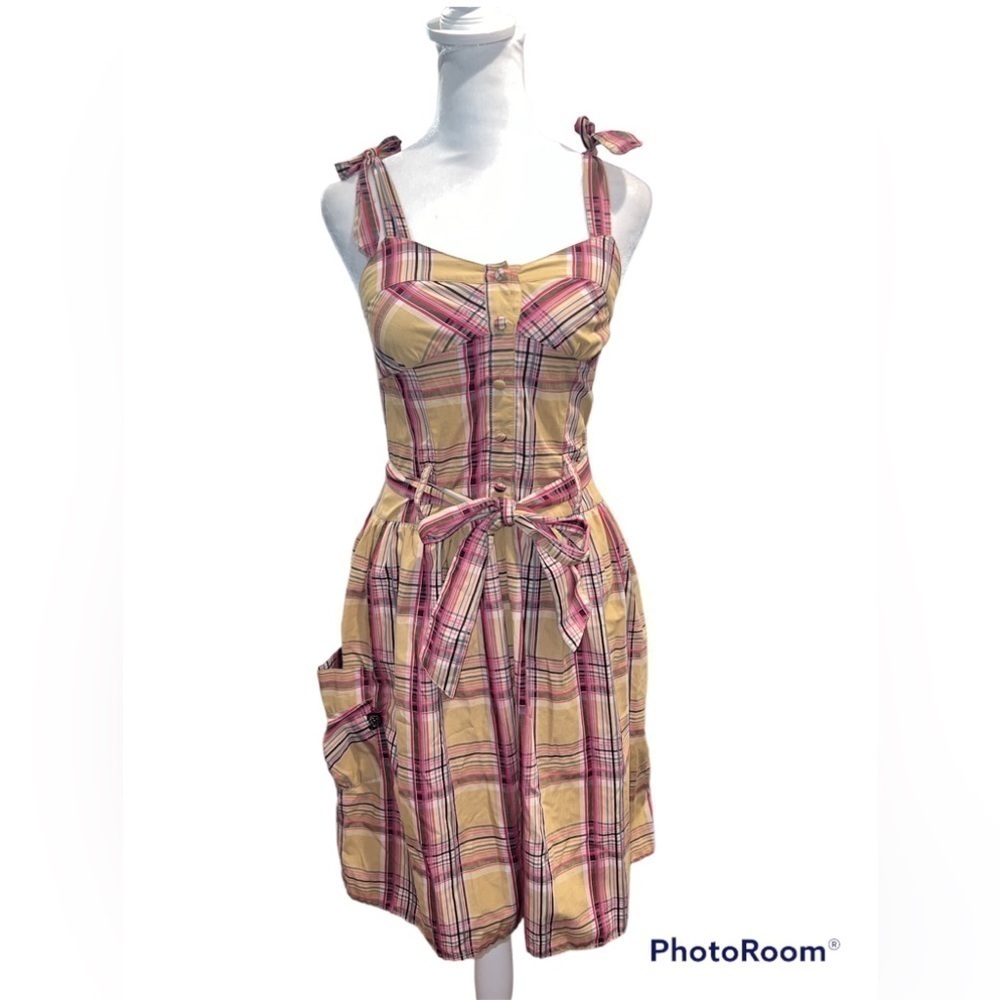 Volcom Poison Oak Dress Pink Tan Plaid Tie Strap Button Front Size 3 B131700 NEW